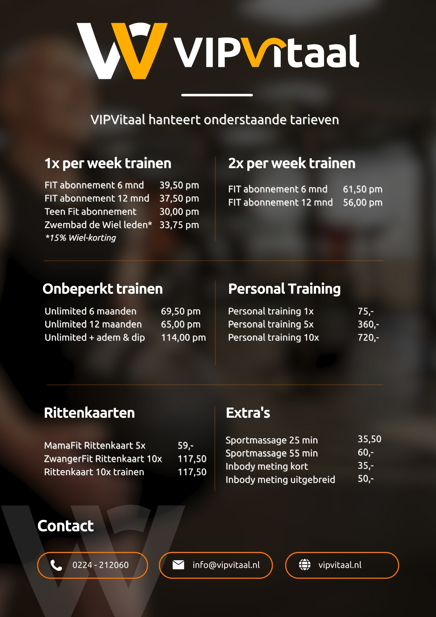 Tarieven VIPVitaal Schagen: abonnementen, rittenkaarten, personal training en sportmassage