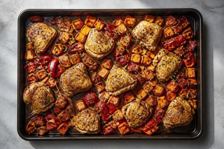 Ovenplaat met kip, zoete aardappel en paprika