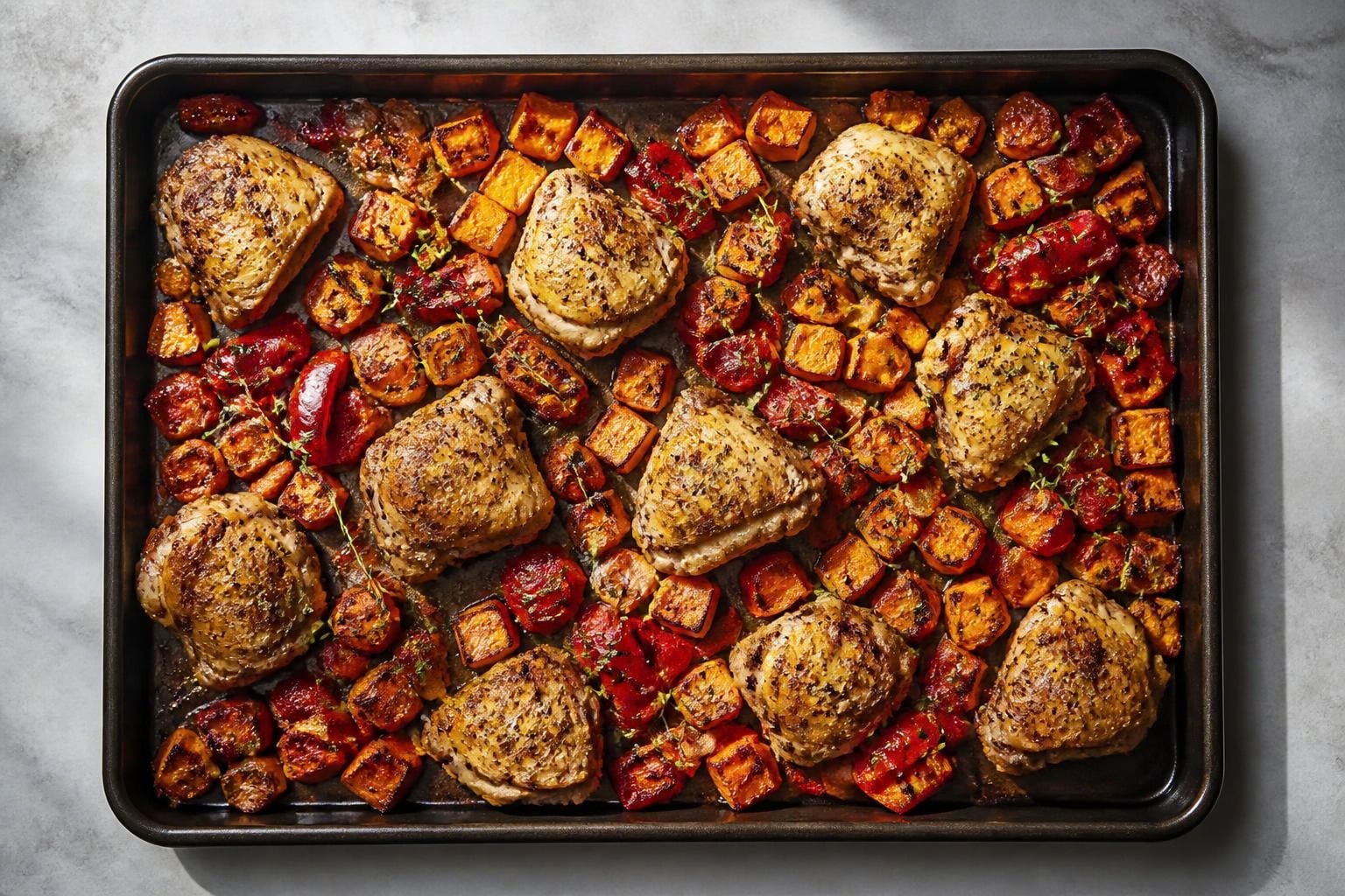 Ovenplaat met kip, zoete aardappel en paprika