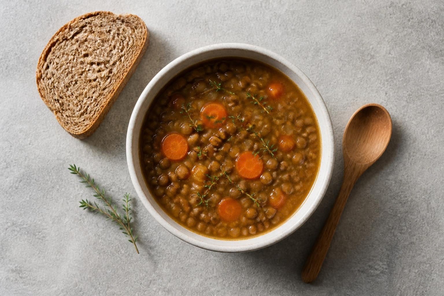 Kom linzensoep met wortel en tijm, met een snee volkorenbrood