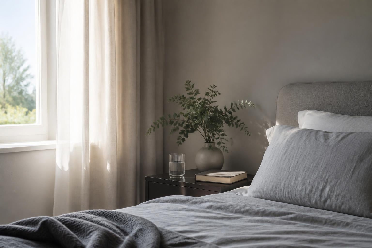 Opgemaakt bed bij een raam in ochtendlicht